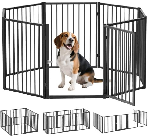 PawHut Welpenlaufstall Welpenauslauf 8-TLG für Mittelgroße Hunde 76cm | Gitterplatten mit Tür, Flexibel, Faltbar, Freilaufgehege, Hundelaufstall, Welpengitter, Drinnen, Draußen, Garten
