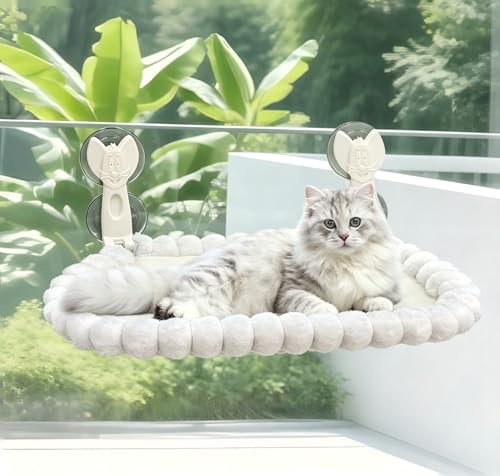 KZARYVEXIS - Hamaca para gato, ventana plegable y desmontable, de lujo con conejo, soporta hasta 20 kg, 53 x 37 cm, cojines reversibles para baño de sol y descanso, marco metálico, color blanco