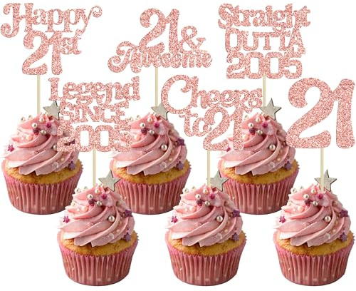 Ephlyn 30Pcs 21st Birthday Cupcake Toppers Glitter Twenty One Happy 21st Straight Outta 2005 Cupcake Picks for Cheers to 21 Years Birthday Anniversary Party Decorations Supplies Black