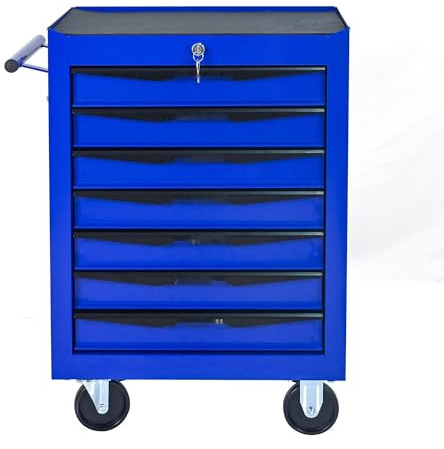 Werkzeugwagen mit 7 Schubladen, Stahl Werkzeugkoffer mit Kugellager-Schubladen, Mobiler Werkzeugschrank mit Arbeitsplatte für Werkstatt & Garage (Schwarz+Blau)