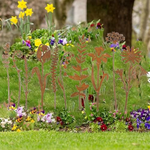 WIIYENA Set di 10 fiori rustici in metallo, decorazione artistica da giardino vintage per prato, sentiero e composizioni in vaso