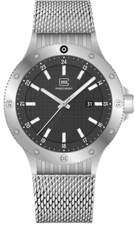 GLOCK Orologio da uomo al quarzo, cassa da 44 mm, orologio da polso con cassa in acciaio inox argentato, quadrante nero, cinturino in maglia argentata, 10 ATM, GW-33-4-24
