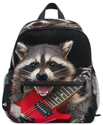 RPLIFE Ryggsäck för småbarn pojkar flickor, tvättbjörn gitarr rock barn skolväska, Tvättbjörn gitarr rock, Medium, Coola ryggsäckar för fotboll