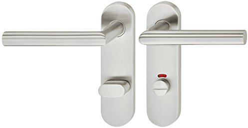 JUVA Design Drückergarnitur - WC-Bad rechts - Edelstahl Türbeschlag Matt Gebürstet - Türklinke für Innentüren - Türgriff mit Kurzschild für Zimmertüren inkl. Schrauben - Türdrücker Garnitur