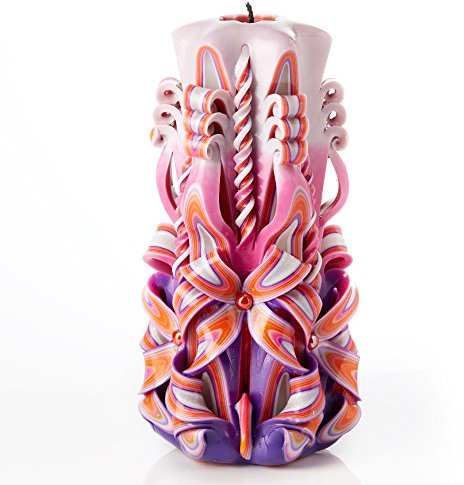 Große handgeschnitzte duftlose Kerze - Perfekte Heimdekoration oder Geschenk-Kerze für viele Gelegenheiten - Atemberaubende cremefarbene violette Farbe mit Perldekoren