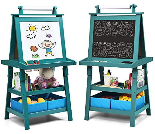 RELAX4LIFE Kinder Staffelei 3 in 1, Whiteboard, Kreidetafel, Rolle für Zeichenpapier, doppelseitige Staffelei, 3 Regale mit 2 Stoffboxen & 2 Magnete & 2 Pigmentbecher, Kindertafel MDF (Blau)