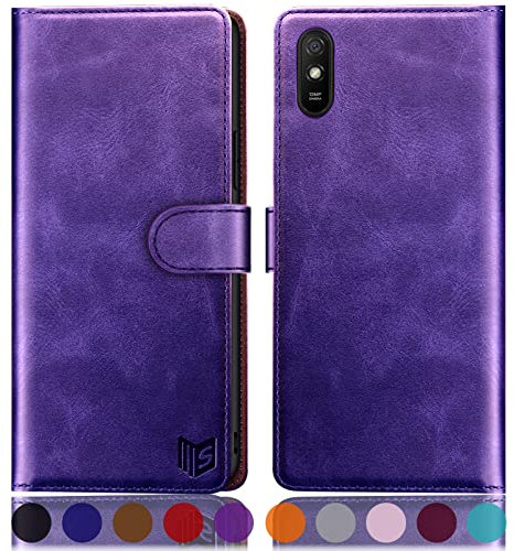 SUANPOT [RFID Schutz für Xiaomi Redmi 9A/Redmi 9AT Hülle PU Leder Handyhülle Lederhülle Klapphülle Kartenfach Flip Cover für Redmi 9A Handy hülle Leather Wallet Phone Case Violett