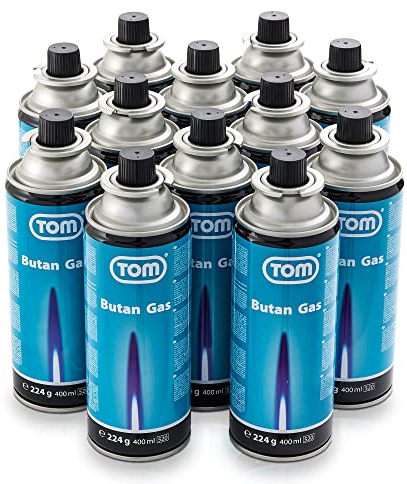 TOM Butangas Gaskartuschen 12x227 g – MSF-1A Bajonettventil | 227 g Butan Gas Kartuschen mit Bajonettventil für Campingkocher, Gaslampe, Unkrautbrenner, Flächenbrenner & Camping