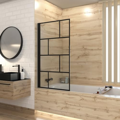 AURLANE Pare Baignoire Rabattable sérigraphié 80x140 cm - Finition Noir Mat - Blocks Screen
