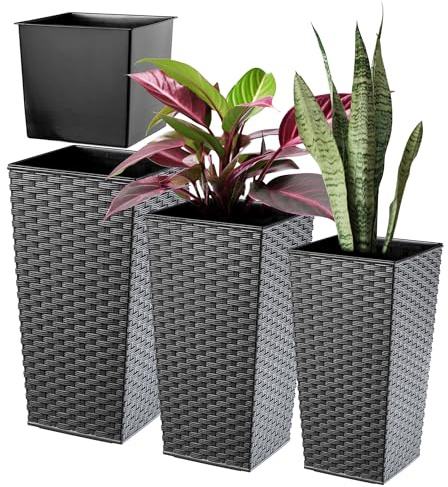 KADAX 3er Set Pflanzkübel mit Innentopf 57/68/75 cm Höhe, Grafit Rattan – wetterfeste & robuste Blumenkübel aus Kunststoff, Blumentöpfe für Innen- & Außenbereich