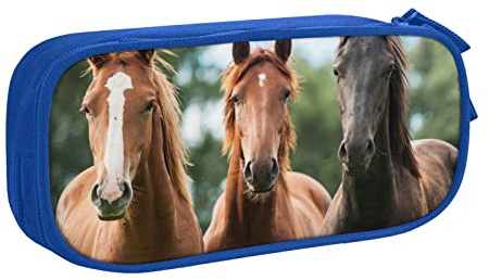 FLYIFE Grande trousse à crayons avec 2 compartiments - Motif chevaux - Pour filles, garçons, étudiants, école, bureau, université, bleu, Taille unique, Cartable