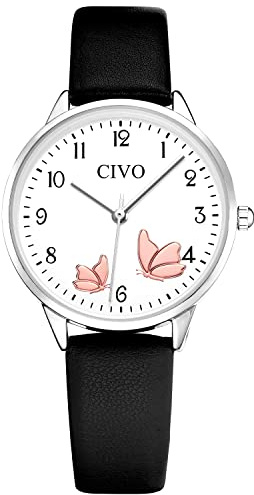 CIVO Montre Femme Bracelet Cuir-Noir - Élégant Montre Design Femme Étanche à Quartz Analogique Mode Montres Dames, Cadeau pour Femme