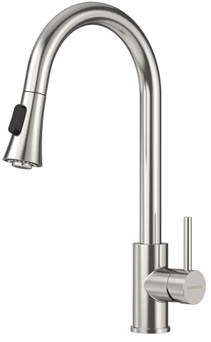 VANCOCO Kitchen Mixer Tap, SUS304 Stainless Steel 1 Hole High Arch Faucet | 360° swivel spout, dual spray modes, single hole deck mount, high arc tall neck kitchen sink faucet