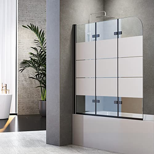 Duschwand für Badewanne Faltbar 120 x 140 cm Gestreift Badewannenfaltwand 3 teilig Schwarz Duschfaltwand für Badewanne aus gehärtetem Sicherheitsglas mit NANO Beschichtung