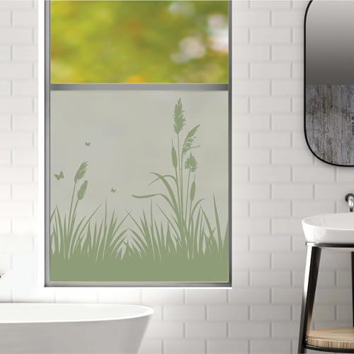 Sichtschutzfolie filigranes grünes Schilf maritim Fensterfolie Fensterdeko Milchglasfolie Fensterdekoration Wiederverwendbar, 75 cm hoch, 50 cm breit