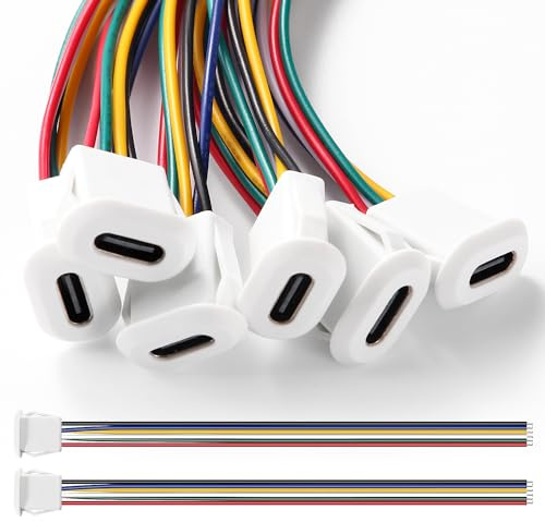 KUOQIY Lot de 6 prises USB-C femelles 3 A 6 broches - Prise USB C avec boucle à rainure à cliquet - 6 fils encastrés de type C - Avec fils AWG de 150 mm - Blanc