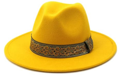 FULUJIDI Fedora Trilby Filzhut Hut Klassischer Stil Jazz Fedora Hut Männer Frauen Breite Krempe Panama Kappen 56 To58 cm Gelb