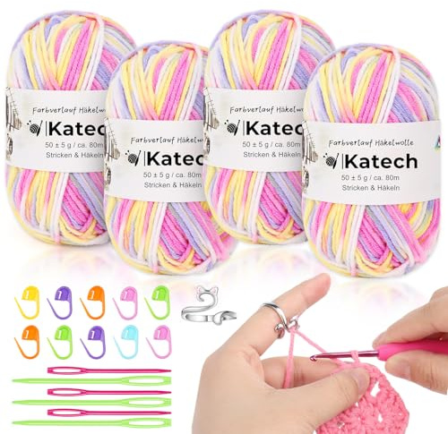 Katech 4x50g(200g) Mehrfarbige Häkelgarn, Baumwolle zum Häkeln, Häkelwolle Set mit Häkelring, Strickgarn Wolle zum Stricken von Mützen/Schal/Socken/Kinderkleidung, Farbverlauf Garn Lila Weiß