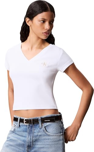 Calvin Klein Camiseta de Manga Corta Mujer Woven Label Rib tee con Cuello de Pico