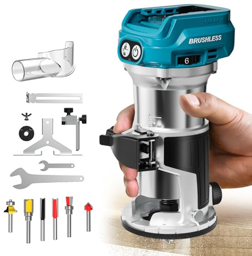 MtiolHig Kabelloser kompakter Oberfräse, kompatibel mit Ma-kita Akku (Bare Tool), 6 variable Geschwindigkeiten Router Werkzeug für Holzbearbeitung, 800W feste Basis Holzfräser mit Trim Router Bits