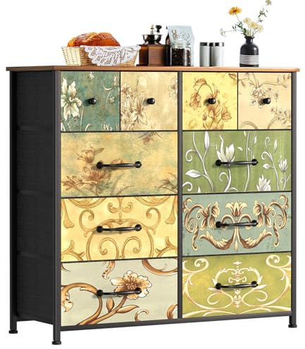 LNZHAO Large Chest of Drawers Bedroom: Dresser Drawers for Bedroom - 10 Fabric Drawers Storage Unit for Living Room Nursery Entryway Hallway Wood Board Metal Frame Retro Floral Pattern