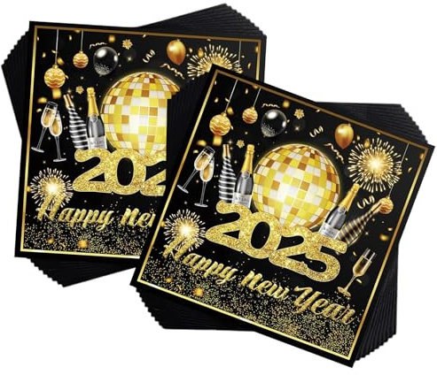 Servietten Silvester,Silvester Tischdeko,20 Stück Schwarz Gold Silvester Deko Servietten Tischdeko,33x33cm 2025 Happy New Year Servietten Silvester,Tischdeko Silvester Tisch Servietten (1)