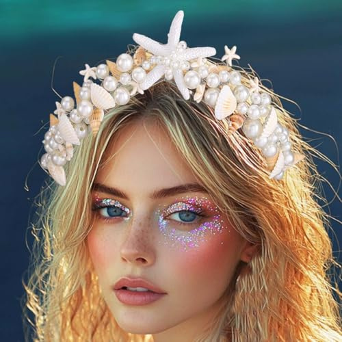 Atigy Diadème bohème en forme d'étoile de mer et couronne de coquillages - Accessoires de cheveux pour femme