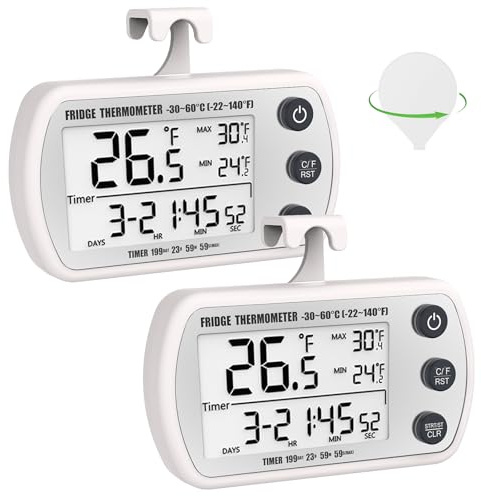 Digital Refrigerator Thermometer 2 Pack, Waterproof Fridge Thermometer, 2.25IN Large Screen Freezer Thermometer, Max/Min Record Function,Timer Function(White)