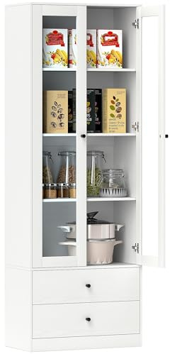 HOMCOM Mueble de almacenamiento aparador salón con armario con puertas acristaladas, estantes ajustables y 2 cajones, armario de almacenamiento para sala de estar, cocina, dormitorio, 59 x 30 x 164 cm