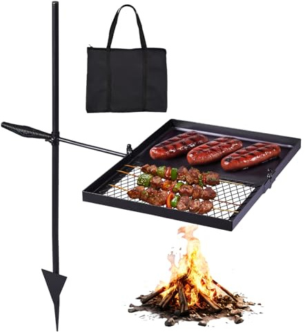 Outvita Folding Swivel Campfire Grill, Portable Cooking Grate over Fire Pit, Lightweight Grate & Camp Fire Rack with Carrying Bag for Outdoor Camping BBQ, Black
