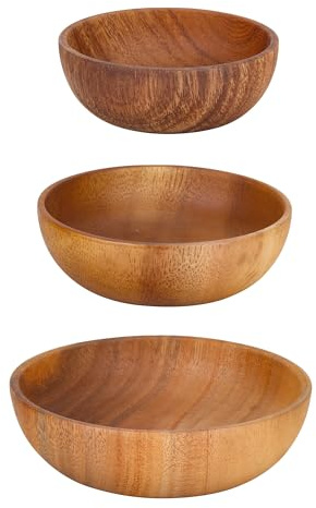Axincardarm Set of 3 Wooden Salad Bowl Round Fruit Bowls Wood Serving Bowl for Yogurt Snacks, 10cm / 12cm / 14cm, Brown