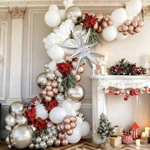 HILAVO Kit per arco di palloncini natalizi, 113 pezzi, bianco, argento e oro rosa, ghirlanda con palloncini in lamina a stella, per Natale, vacanze, inverno, baby shower, matrimoni, Capodanno, feste