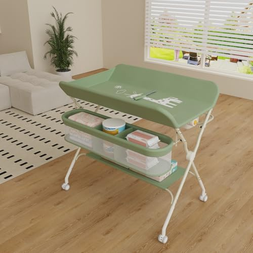 Fasciatoio con ruote, pieghevole, fasciatoio portatile, 5 ripiani regolabili, cestino portaoggetti da appendere per neonati, per cameretta dei bambini, 75 x 68 x 83-91 cm (A) verde