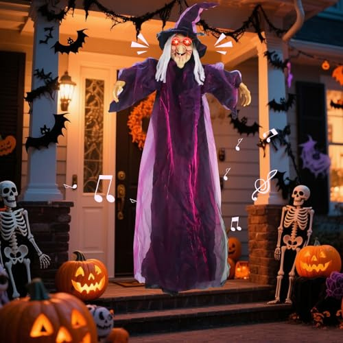 Vartegas Halloween Figuren Lebensgroß Animiert, 180cm Gruselig Halloween Deko Outdoor Hexe mit Sound & LED-Blitz Augen, Hängende Hexe Deko mit verstellbaren Armen, für Halloweendeko Party
