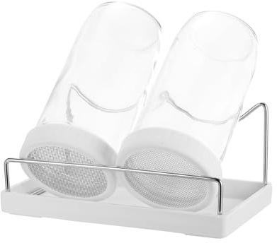 QUARKZMAN Ribbstålsglas set – 2 stycken 730 ml grodd glas inkl. 1 hållare, 1 bricka, 1 borste – för ribbor, krasse och mikrogröna – vit