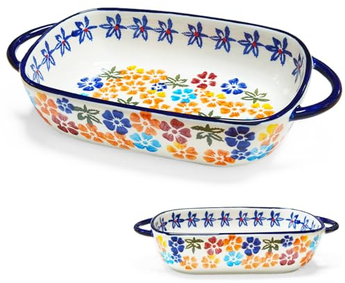 BOYIFEIJIE Cocotte rectangulaire en céramique – Moule à lasagnes avec 2 poignées et motif floral vintage – Moule pour four, micro-ondes et lave-vaisselle – Idéal pour lasagnes, cocottes et tiramisu