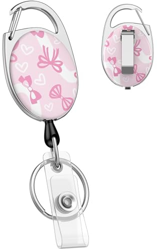 Uniclife Cute Retractable Keychain, Pink Bow Print Retractable Badge Holders Key Ring Extendable Badge Clip for Keys and ID Card, Heavy Duty Badge Reel with Carabiner