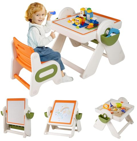 FANTASK 6-in-1 Children's Table Chair Set, Easel with Reversible Table Top, Bookshelf & Baskets, Children's Folding Seating Set, Play Table, 3 Levels, Height Adjustable, for Children from 18 Months