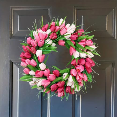 Tulip Wreath for Front Door, 16 Inch Spring Pink Tulip Flower Wreath with Green Leaves Wreaths for All Seasons Window Wall Wedding Home Decorations Indoor Outdoor