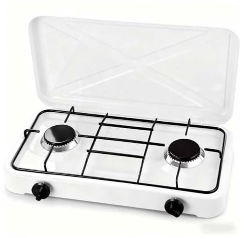 BRICOZONE Fornello A Gas Portatile 2 Fuochi Con Coperchio Richiudibile Piano Cottura Da Campeggio In Acciaio Con Griglie Smaltate Compatibile GPL E Gas Naturale Per Camper Picnic Outdoor (2 Fuochi)