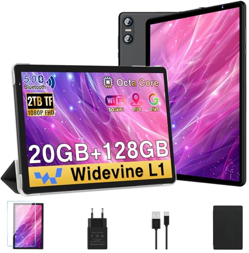 BIEGEDY Tablet 10 Pulgadas Android, 20GB RAM + 128GB ROM (TF 1TB), Octa-Core, Widevine L1,GMS/Dual Band WiFi 6/5 MP + 8 MP / 1280 * 800 Pixels/Bluetooth 5.0, Tablet con Funda Negro