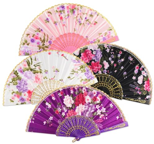 BQMEZRNUS 4 Pack Silk Folding Fans, Hollow Carved Chinese Hand Fan | Portable Chinese silk fan with ps plastic frame, hand fan for wedding decor dance performance gifts, classic vintage style
