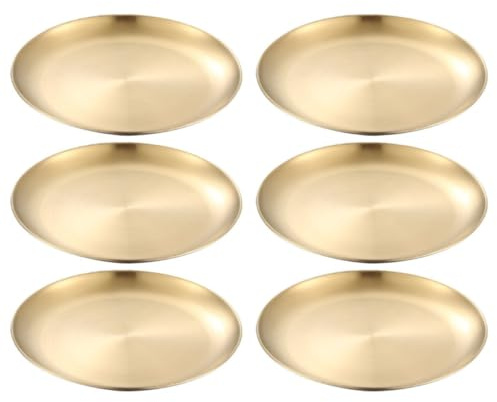 BATHVEVE Assiette de Présentation Doré Plateau Rond Bord Lisse en Acier Inoxydable, Lot de 6 Pièces Facile à Laver, pour Camping et Pique-niques