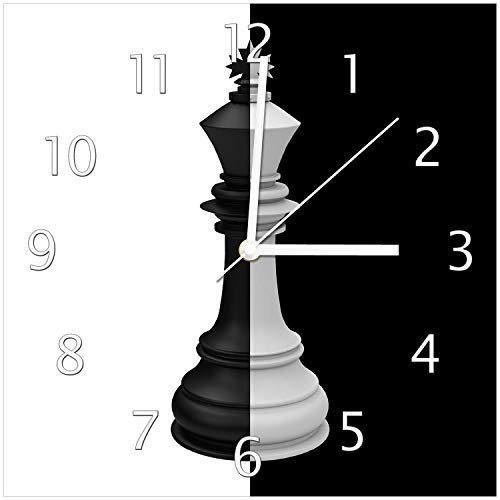 Wallario Design-Wanduhr Schachfigur schwarz-weiß aus Glas, Motiv-Uhr Größe 30 x 30 cm, weiße Zeiger
