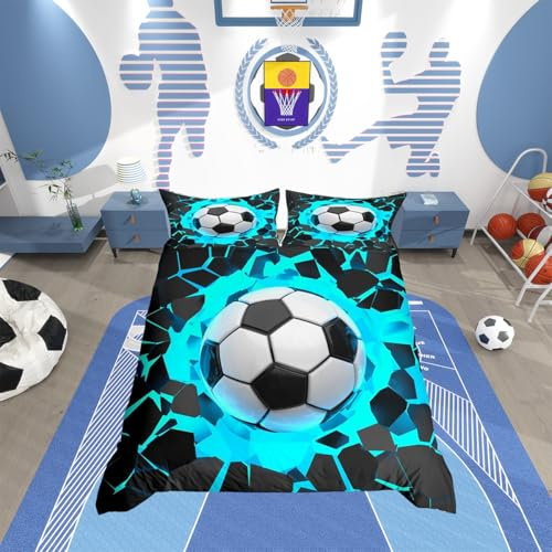 Loussiesd, Set di biancheria da letto a tema sportivo per ragazzi con motivo 3D a palla da calcio, design geometrico hippie, biancheria da letto per bambini, copripiumino per camera da letto
