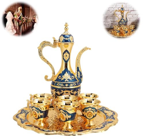 Set Caffettiera Turca Vintage, Caffettiera Turca Vintage con 6 Tazzine da Caff¨¨, Set di Tazzine da Caff¨¨ in Rame Turco, Teiera e Tazze da T¨¨ con Vassoio da T¨¨ Artigianale(Blu)