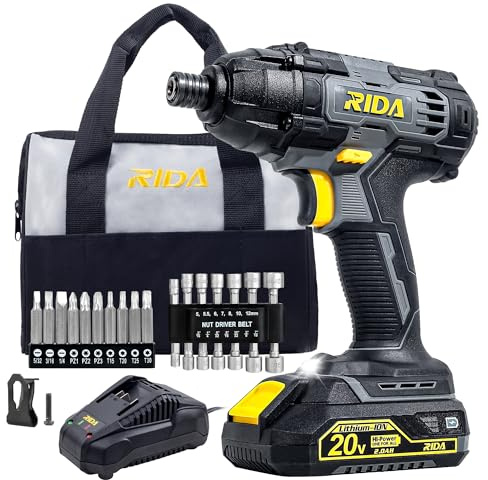 RIDA Impact Driver Kit 180Nm 20V Cordless Impact Drill Driver Set 1/4 All-Metal Hex Chuck 0-2800RPM Variable Speed, 2000mAh Lithium-ion Battery & 1H Fast Charger, 25 Pcs Driver Bits and Tool Bag