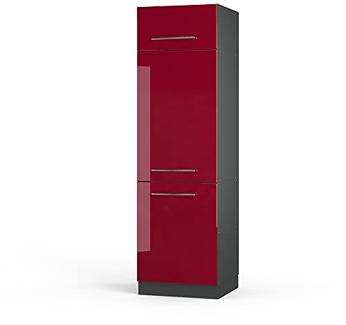 Vicco Kühlumbauschrank Fame-Line, Bordeaux Hochglanz, 60 cm | MDF-Front · ✓ Kühlschranknische · Höhenverstellbare Füße · Metallgriffe · Soft-Close