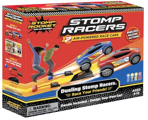 Stomp Rocket Dueling Stomp Racers, wetteifere mit deinen Freunden ins Ziel – 2 Spielzeugauto Abschussrampen und 2 druckluftbetriebene Autos mit Sprungschanze und Ziellinie Outdoor- und Indoor