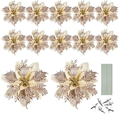 Toyvian Glitzernde KüNstliche Weihnachtssterne, 12pcs Glitter Blumen mit Vorbauten Und Clips für Tischdekorationen Und Festliche AnläSse Ornamente Party Hochzeiten Festliche AnläSse, 14cm